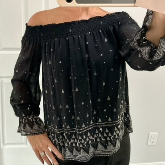 Joie Silk boho/flowy off shoulder black/white blouse size xxs - Picture 8 of 8
